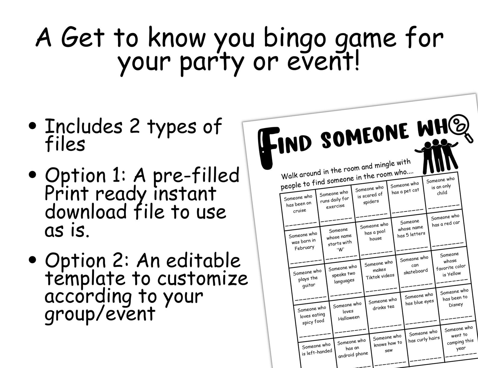 Get to Know You Bingo, Mingle Bingo, Find Someone Who Game, Icebreaker ...