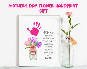 May include: A pink handprint is used to create a flower in a glass jar with a pink and purple flower bouquet. The jar has a label that says "MOM". The image includes a poem about the flower and the text "Mommy. The pretty flower, that you see was made for you, just by me. My hands made the flower part to show how much I love you! Thank you for your love and care, which helps me grow and bloom. You are the best mummy and I wish you a very happy Mother's Day! Love, Simon."
