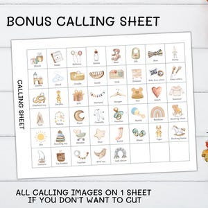 May include: A white sheet featuring a grid of watercolour illustrations of baby items, such as a bottle, rattle, and teddy bear. The text "BONUS CALLING SHEET" and "CALLING SHEET" are visible. Pumpkins and autumn leaves surround the sheet.