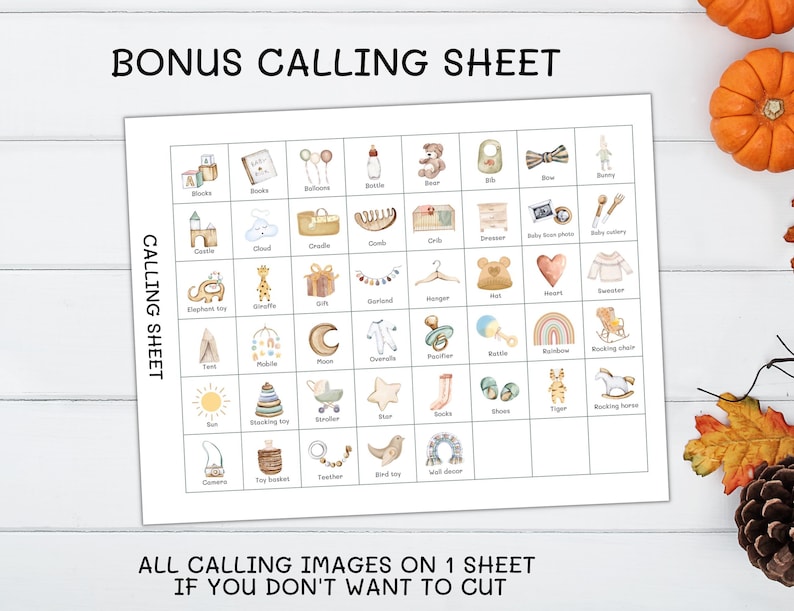 May include: A white sheet featuring a grid of watercolour illustrations of baby items, such as a bottle, rattle, and teddy bear. The text "BONUS CALLING SHEET" and "CALLING SHEET" are visible. Pumpkins and autumn leaves surround the sheet.
