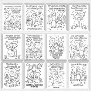 May include: A set of twelve black and white colouring pages with religious themes. Each page features illustrations of children, adults, and religious symbols, alongside inspirational quotes from the Bible. The pages are designed for colouring.