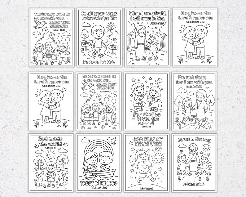 May include: A set of twelve black and white colouring pages with religious themes. Each page features illustrations of children, adults, and religious symbols, alongside inspirational quotes from the Bible. The pages are designed for colouring.