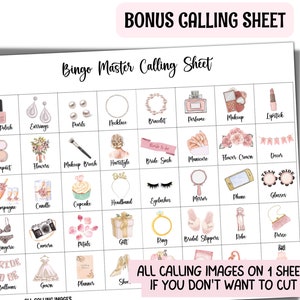 Puede incluir: Una hoja de llamada de bingo imprimible con im&aacute;genes de art&iacute;culos con tem&aacute;tica de despedida de soltera, como aretes, perlas, un collar, un brazalete, perfume, maquillaje, l&aacute;piz labial, flores, una brocha de maquillaje, un cupcake, una diadema, pesta&ntilde;as, un espejo, un tel&eacute;fono, gafas, un anillo, pantuflas de novia, una bata, un bolso, una c&aacute;mara, p&eacute;talos, un regalo, un vestido, un planificador, zapatos y globos. El texto "Bingo Master Calling Sheet" est&aacute; en la parte superior de la hoja. El texto "All Calling Images on 1 Sheet If You Don't Want to Cut" est&aacute; en la parte inferior de la hoja.