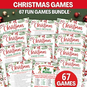 May include: A collection of Christmas-themed game cards with festive designs. The cards feature titles like "Candy Match Game," "True or False," and "Movie Trivia." The image includes the text "Christmas Games" and "67 Fun Games Bundle."