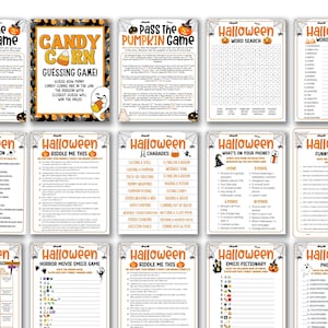 May include: A selection of Halloween party games, such as word searches and riddles, printed on white paper. The designs include pumpkins, spiders' webs, and the word "Halloween" in orange and black.