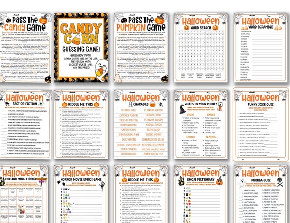 Printable Halloween Games Adults Kids, Halloween Party Games 2024, Teen Halloween Activities, Halloween Emoji, Trivia, Riddle Game, Scramble