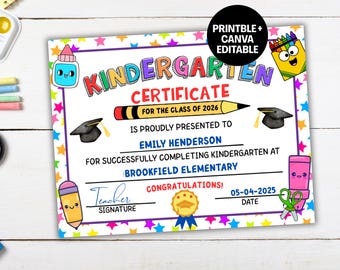 Kindergarten Graduation Certificate Editable, 2026 Graduation Kindergarten Diploma Template, Last Day of School Grad Certificate Printable