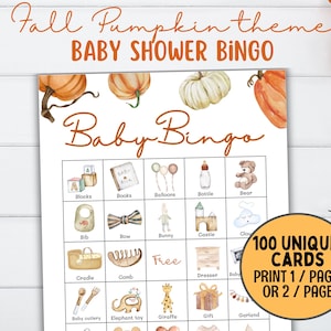 Bingo de bebé de calabaza, tarjetas de bingo de baby shower de otoño 100, juegos de baby shower de otoño, baby shower de calabaza pequeña, juegos neutrales de género con tema de otoño