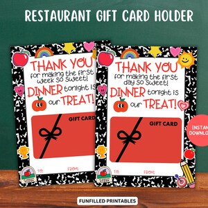 Titolare della carta regalo per l'insegnante del primo giorno di scuola stampabile, carta regalo per la cena dell'insegnante di ritorno a scuola, carta del ristorante, regalo per il nuovo insegnante del primo giorno