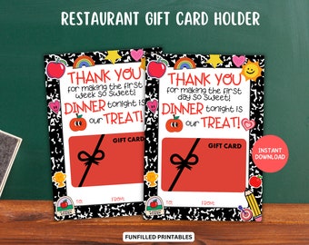 Eerste dag van school leraar cadeaukaarthouder afdrukbaar, terug naar school cadeaukaart leraar diner, restaurantkaart, eerste dag nieuwe leraar cadeau