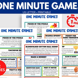 Minute to Win it party games, One Minute Games, 60 second game, minute win games for kids and adults, family game night, printable games