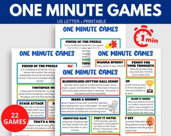Minute to Win it party games, One Minute Games, 60 second game, minute win games for kids and adults, family game night, printable games