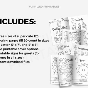 Puede incluir: P&aacute;ginas para colorear imprimibles en blanco y negro para el primer cumplea&ntilde;os de un beb&eacute;. Las p&aacute;ginas presentan los n&uacute;meros del 1 al 20 con varios temas, como cohetes, fresas, helados, estrellas, pelotas y el sol. Las p&aacute;ginas est&aacute;n disponibles en tres tama&ntilde;os: A4, 5" x 7" y 4" x 6".