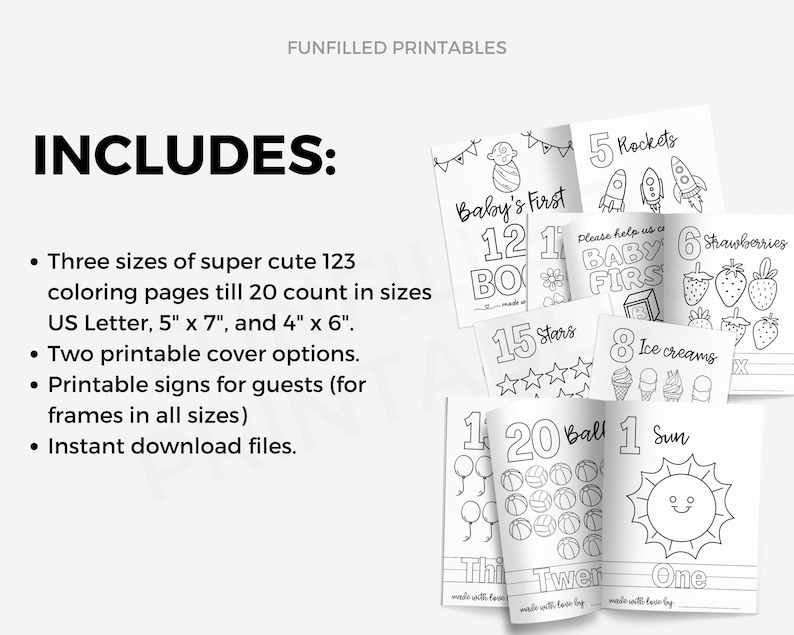 Puede incluir: P&aacute;ginas para colorear imprimibles en blanco y negro para el primer cumplea&ntilde;os de un beb&eacute;. Las p&aacute;ginas presentan los n&uacute;meros del 1 al 20 con varios temas, como cohetes, fresas, helados, estrellas, pelotas y el sol. Las p&aacute;ginas est&aacute;n disponibles en tres tama&ntilde;os: A4, 5" x 7" y 4" x 6".