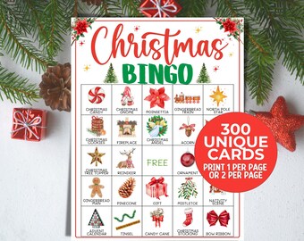 May include: A Christmas Bingo game card with a red and green design. The card features various Christmas-themed images and the text "Christmas Bingo." A red circle states "300 Unique Cards." The card is surrounded by Christmas decorations.