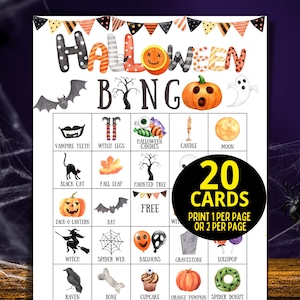Halloween Bingo Game, Halloween Games For Kids, 20 Printable Halloween Bingo Cards, Fun Halloween Class Kids Party Game Halloween Activity image 1