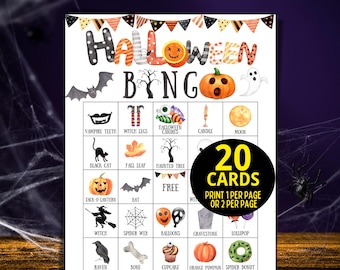 Halloween Bingo Game, Halloween Games For Kids, 20 Printable Halloween Bingo Cards, Fun Halloween Class Kids Party Game Halloween Activity
