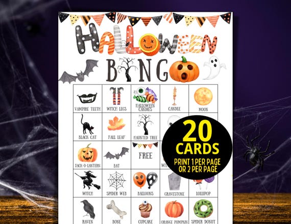 Halloween Bingo Game, Halloween Games For Kids, 20 Printable Halloween Bingo Cards, Fun Halloween Class Kids Party Game Halloween Activity