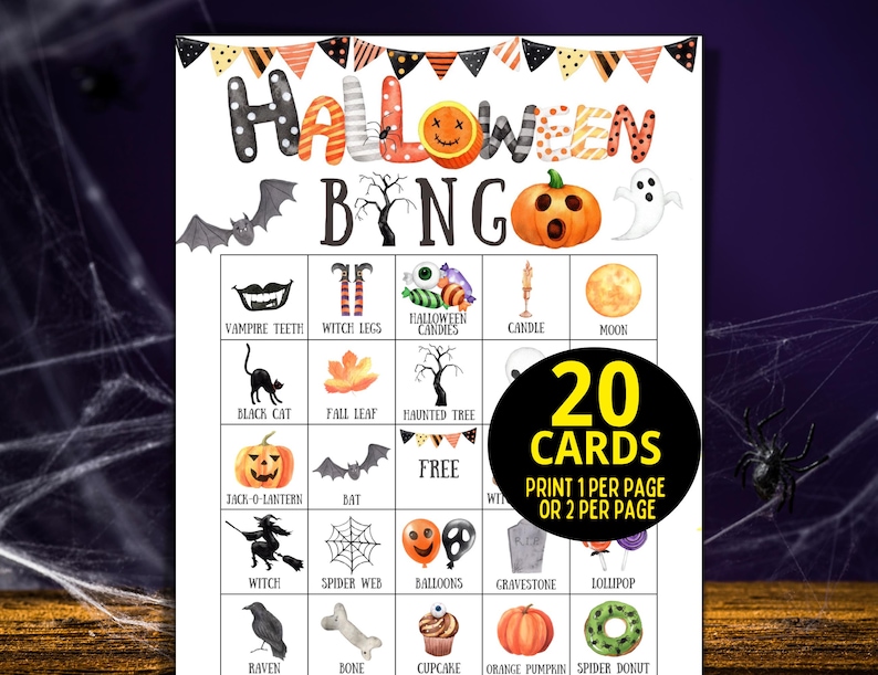 Halloween Bingo Game, Halloween Games For Kids, 20 Printable Halloween Bingo Cards, Fun Halloween Class Kids Party Game Halloween Activity image 1