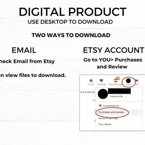 Puede incluir: Imagen que detalla c&oacute;mo descargar un producto digital de Etsy. Las instrucciones incluyen revisar el correo electr&oacute;nico de Etsy o ir a la secci&oacute;n "T&Uacute;", luego "Compras y rese&ntilde;as" en el sitio web de Etsy. Texto en negro sobre fondo blanco.