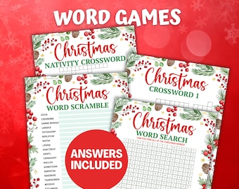 Christmas Word Game Bundle, Word Scramble, Word Search, Christmas Crossword, Nativity Crossword, Printable Christmas Games For Kids Adults