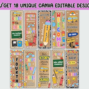 Pu&ograve; includere: Una collezione di dieci cartelli rettangolari verticali per porte di aule scolastiche con illustrazioni colorate di scuolabus, matite, pastelli, arcobaleni e lavagne con testo che include Welcome, Ready to Learn e Our Adventure Begins.