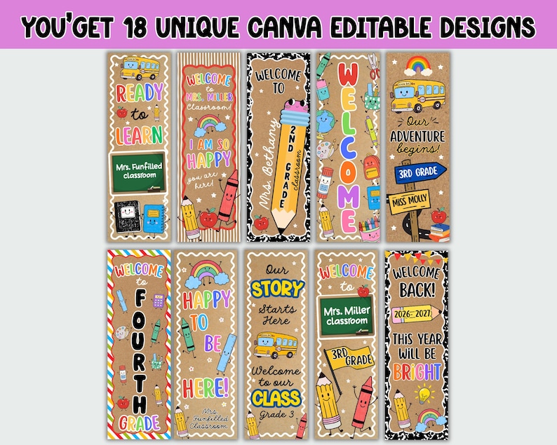 Pu&ograve; includere: Una collezione di dieci cartelli rettangolari verticali per porte di aule scolastiche con illustrazioni colorate di scuolabus, matite, pastelli, arcobaleni e lavagne con testo che include Welcome, Ready to Learn e Our Adventure Begins.