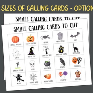 May include: A printable Halloween calling card game with 16 different images, including a ghost, witch hat, haunted tree, haunted house, black cat, zombie hand, skull, cauldron, raven, balloons, witch, spider web, candy corn, lollipop, and cupcake. The game is designed to be cut out and used for a Halloween party.