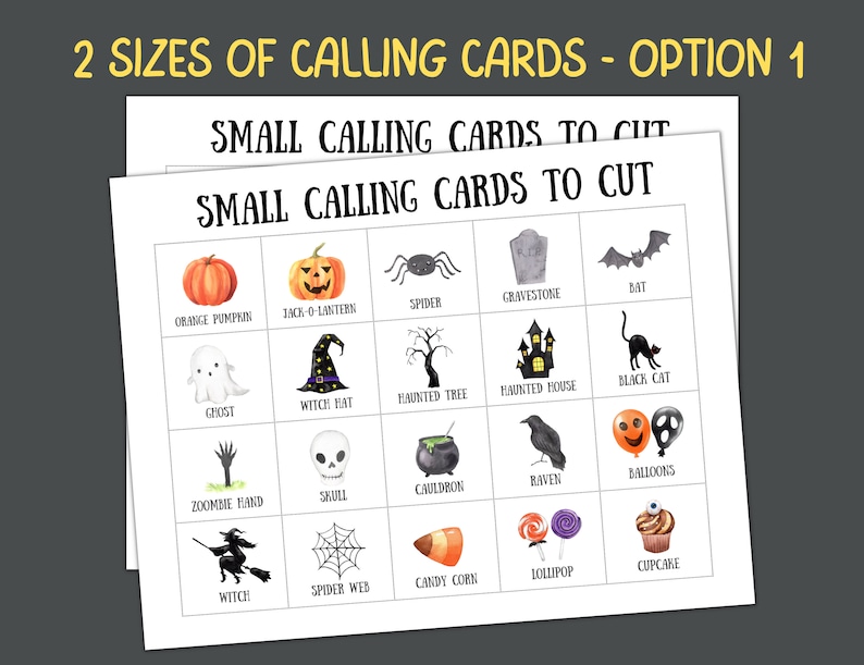 May include: A printable Halloween calling card game with 16 different images, including a ghost, witch hat, haunted tree, haunted house, black cat, zombie hand, skull, cauldron, raven, balloons, witch, spider web, candy corn, lollipop, and cupcake. The game is designed to be cut out and used for a Halloween party.