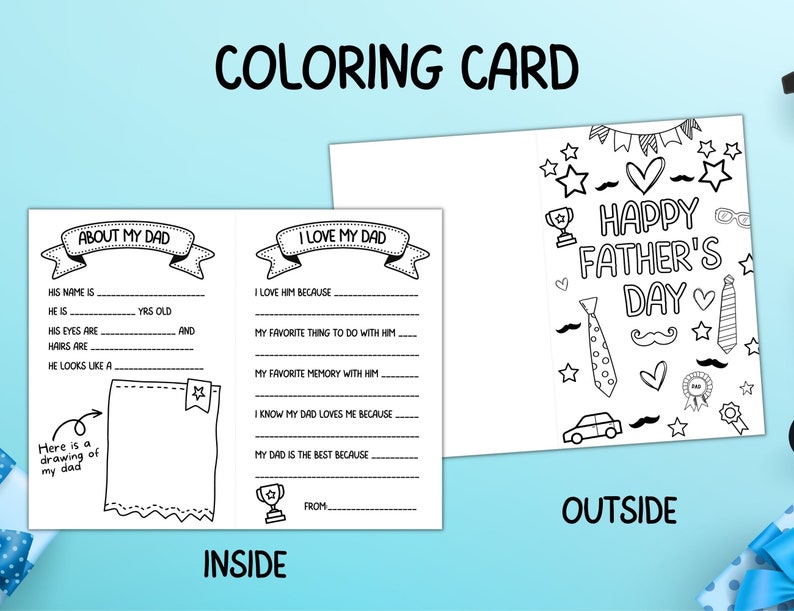Printable Father's Day Coloring Card, All About Dad Fill in the blank Questionnaire Kids Coloring Page, DIY Fathers Day Gift From Kids image 3