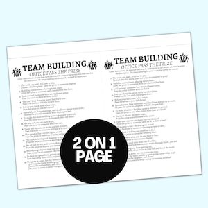 K&ouml;nnte beinhalten: Ein druckbares Spiel f&uuml;r Teambuilding-Aktivit&auml;ten. Das Spiel hei&szlig;t "Office Pass the Prize" und enth&auml;lt Anweisungen, wie man den Preis im B&uuml;ro an verschiedene Personen weitergibt, basierend auf ihren Eigenschaften. Das Spiel ist auf einem wei&szlig;en Blatt Papier mit schwarzem Text gedruckt.