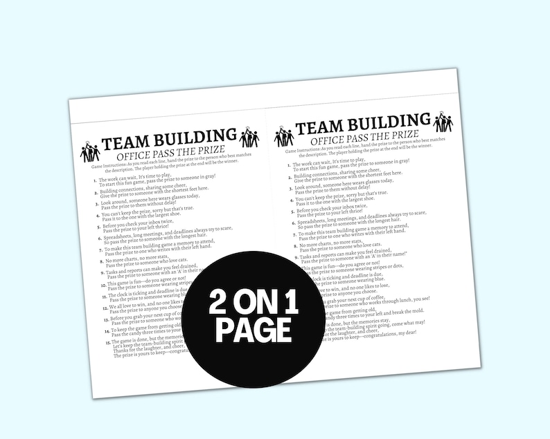 K&ouml;nnte beinhalten: Ein druckbares Spiel f&uuml;r Teambuilding-Aktivit&auml;ten. Das Spiel hei&szlig;t "Office Pass the Prize" und enth&auml;lt Anweisungen, wie man den Preis im B&uuml;ro an verschiedene Personen weitergibt, basierend auf ihren Eigenschaften. Das Spiel ist auf einem wei&szlig;en Blatt Papier mit schwarzem Text gedruckt.