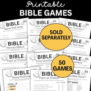 May include: A selection of printable Bible games, including trivia, fact or fiction, and matching games. The games feature various formats, such as "Name That Verse" and "Emoji Pictionary." The image displays the text "50 GAMES" and "SOLD SEPARATELY."