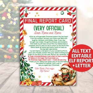 May include: A festive Christmas report card with a red and white border. The card features a letter from an elf, with text that reads "Final Report Card" and "Dear Name and Name". A circular graphic says "All Text Editable Elf Report + Letter".