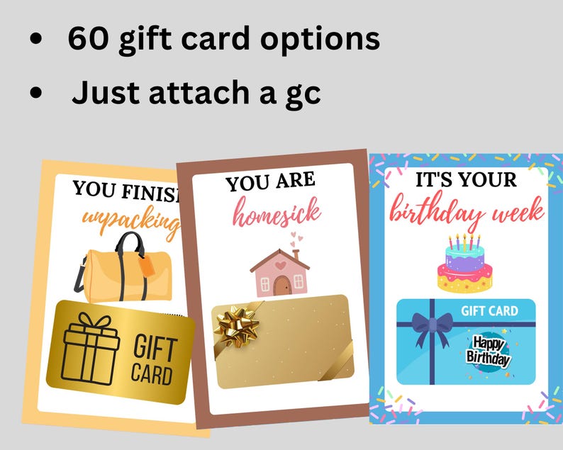 Op de afbeelding: Drie cadeaubonontwerpen met de tekst: "You Finish Unpacking", "You Are Homesick" en "It's Your Birthday Week". Elke kaart heeft een cadeaubongrafiek. De tekst "60 gift card options" en "Just attach a gc" zijn ook aanwezig.