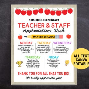 Editable Teacher Appreciation Week Flyer Template, Itinerary Poster, Printable Teachers Staff Appreciation Week Template, Appreciation Flyer