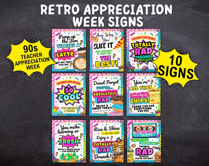 90s Teacher Appreciation Week Sign Bundle, Retro 90s Theme Staff ...