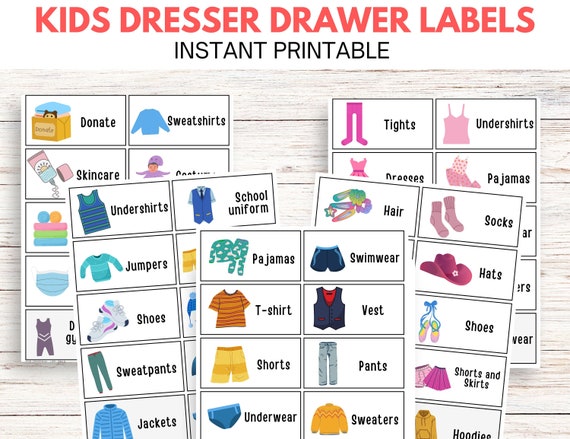50 Kids Dresser Drawer Labels, Printable Kids Closet Storage