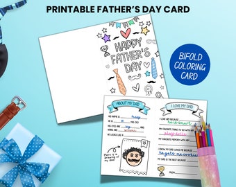 Printable Coloring Happy Father's Day Card, All About Dad Fill in the blank Kids Coloring Page, DIY Fathers Day Gift From Kids Activity Card