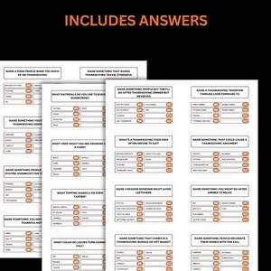 May include: A set of Thanksgiving-themed trivia game sheets with multiple choice questions. The sheets are white with black text and orange accents. The phrase "INCLUDES ANSWERS" is at the top in orange.