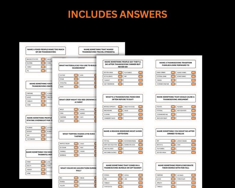 May include: A set of Thanksgiving-themed trivia game sheets with multiple choice questions. The sheets are white with black text and orange accents. The phrase "INCLUDES ANSWERS" is at the top in orange.