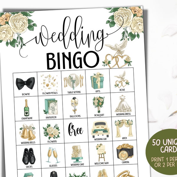 Wedding bingo game, 50 Wedding reception printable bingo cards, Wedding table games, Kids activity, Wedding shower, Bachelorette games