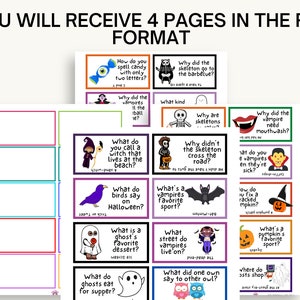 May include: A digital download featuring four pages of Halloween-themed joke cards in PDF format. Each card has a colorful border and a Halloween-related illustration with a joke. The text at the top says "YOU WILL RECEIVE 4 PAGES IN THE PDF FORMAT."