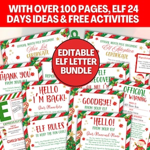 Pacchetto di lettere modificabili per elfi, set di lettere stampabili per elfi, arrivederci degli elfi, appunti sulle attività degli elfi, certificato di Babbo Natale, etichetta