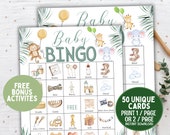 50 Baby Shower Bingo Cards Safari Baby Shower Game Activity, Baby Bingo Printable, Prefilled Gender Neutral Baby Shower Bingo Safari Theme