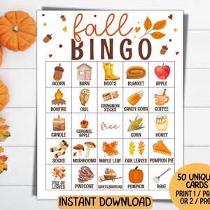 50 cartes de bingo d'automne, jeu de bingo d'automne, jeux de fête d'automne à imprimer pour adultes, enfants, activité d'automne, jeu de société pour la classe, bingo des récoltes de Thanksgiving