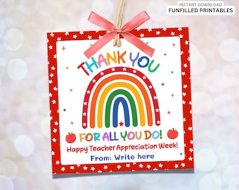 Teacher Appreciation Gift Tags Colorful Thank You Teacher Tags Rainbow Teacher Favor Tags Label Template Instant Download
