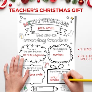 Puede incluir: Una página para colorear en blanco y negro con el texto "Regalo de Navidad para el profesor" y "Feliz Navidad Sra. Smith". La página incluye varias secciones para rellenar e ilustraciones festivas, perfectas para un regalo para el profesor.