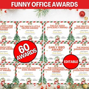 以下が含まれることがあります： クリスマスをテーマにした10枚のオフィスアワード証明書のコレクション。各証明書は、クリスマスツリー、サンタクロース、装飾的なボーダーを備えたお祝いのデザインです。「Candy Cane Crisis Manager」などのユーモラスなタイトルが付けられています。