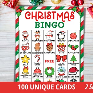 Könnte beinhalten: Eine Weihnachtsbingo-Spielkarte mit einem rot-grünen Rand. Die Karte zeigt festliche Illustrationen wie den Weihnachtsmann, ein Rentier und einen Weihnachtsbaum. Der Text enthält "Christmas Bingo", "100 einzigartige Karten" und "2 Größen".